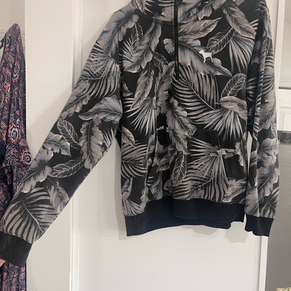 Black and Gray Leaf Print Womens Sweater Quarter Zip PINK